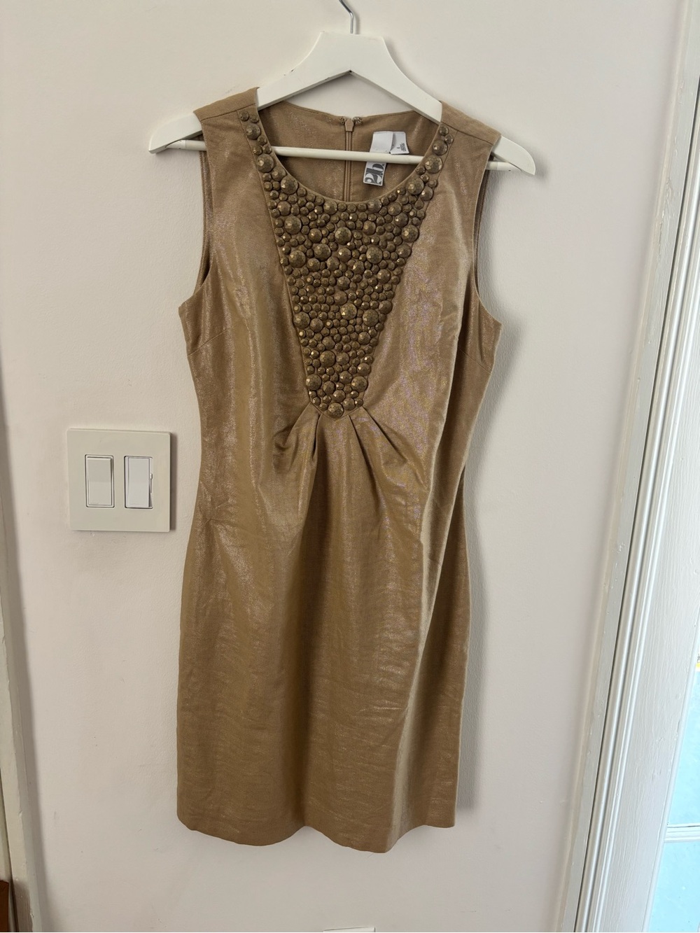 NWOT 2B.Rych Embellished Gold Linen Blend Shift Dress Size 6
